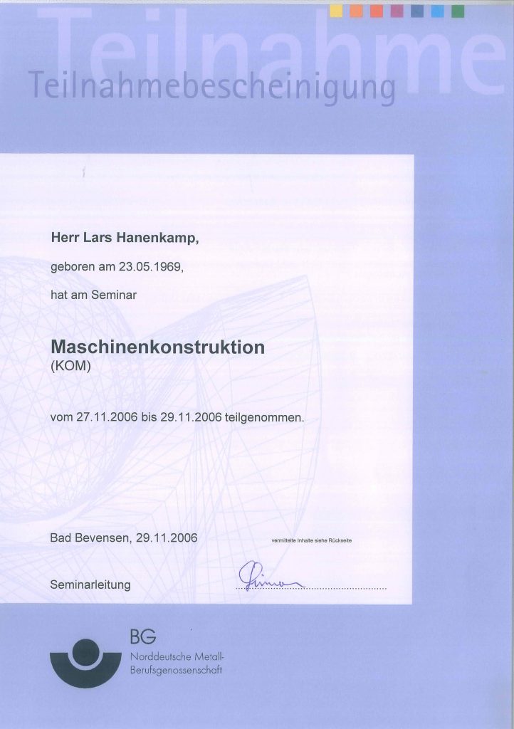 Maschinenkonstruktion nach Maschinenrichtlinie 2006/42/EG, vorher 98/37/EG
