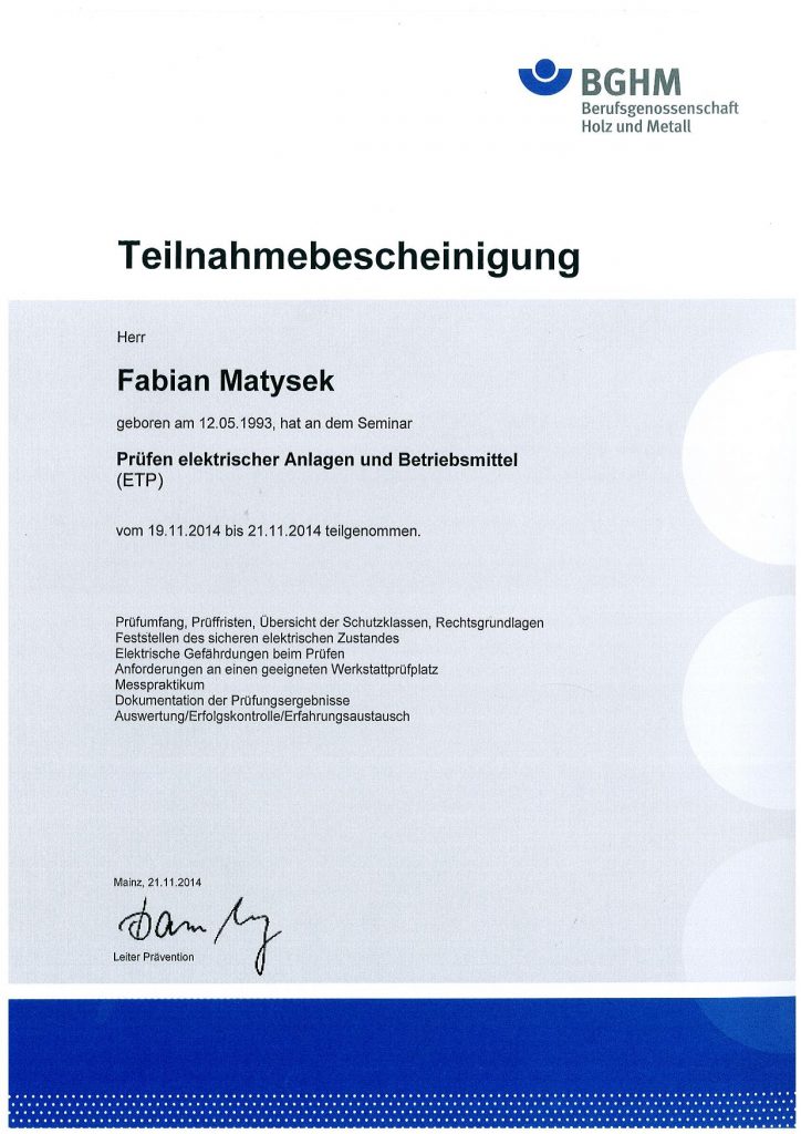 Prüfen elektrischer Anlagen und Betriebsmittel BGV A3 - Berufsgenossenschaft BGHM (LH) Prüfen elektrischer Anlagen und Betriebsmittel BGV A3 - Berufsgenossenschaft BGHM (FM)