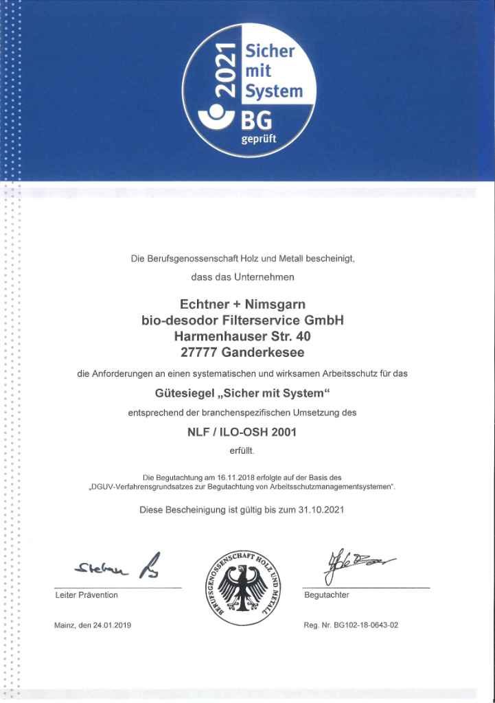 SmS Zertifikat 2021 / Echtner + Nimsgarn bio-desodor Filterservice GmbH